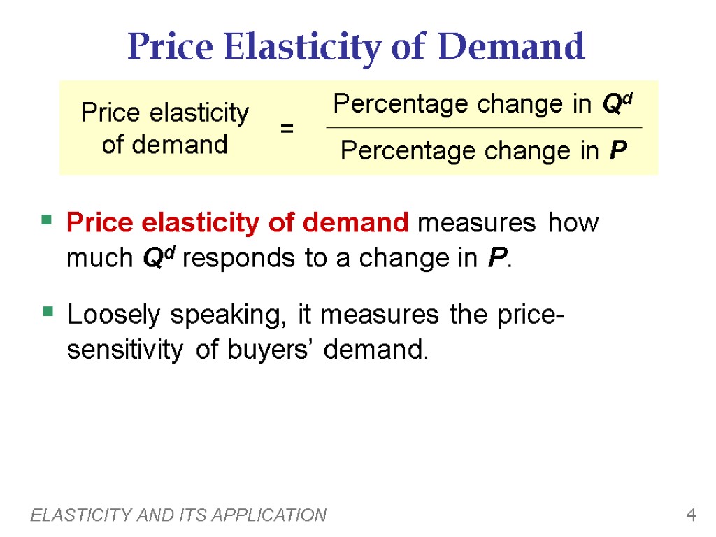 ELASTICITY AND ITS APPLICATION 4 Price Elasticity of Demand Price elasticity of demand measures